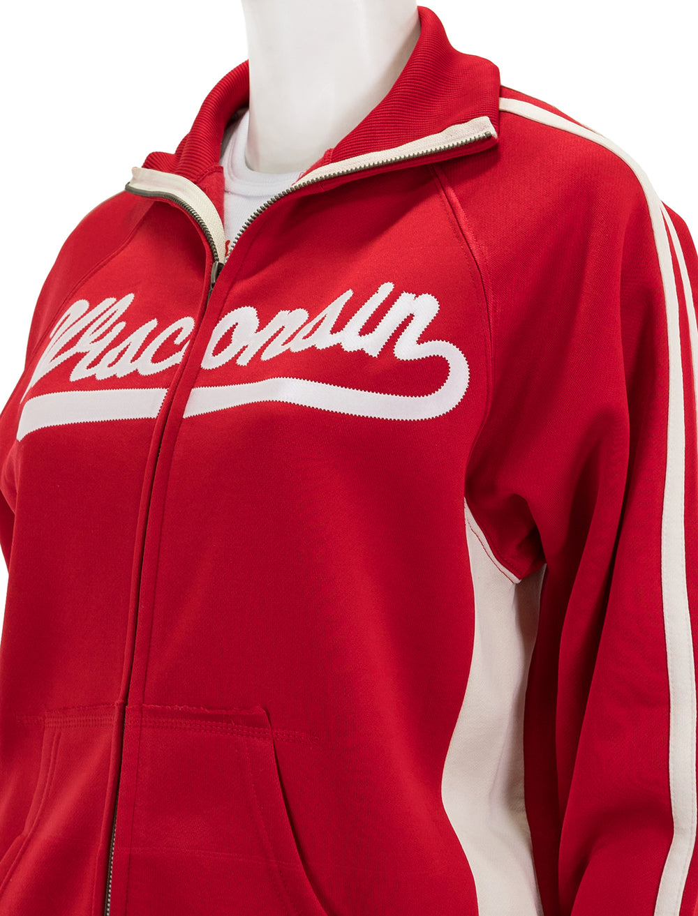 Close-up view of Recess Apparel's Old School Track Jacket in Red.