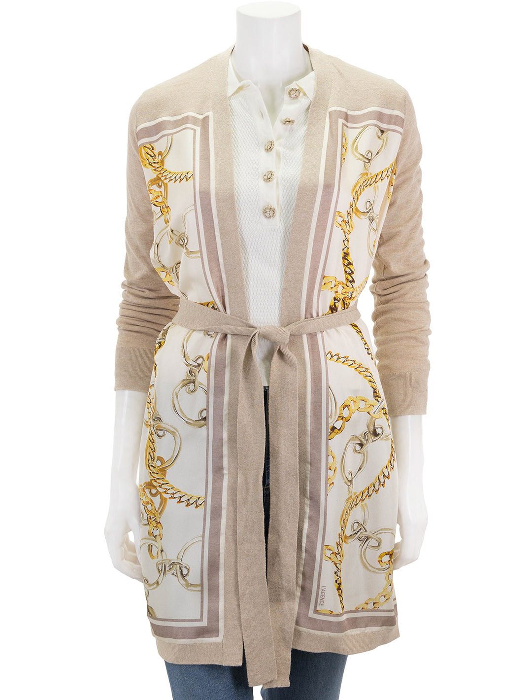 Front view of L'agence's beverly silk panel cardi in crema.