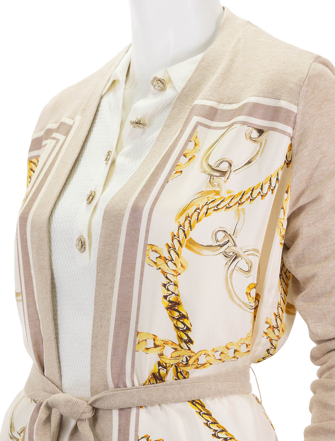 Close-up view of L'agence's beverly silk panel cardi in crema.