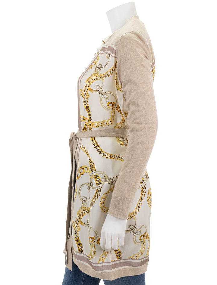 Side view of L'agence's beverly silk panel cardi in crema.