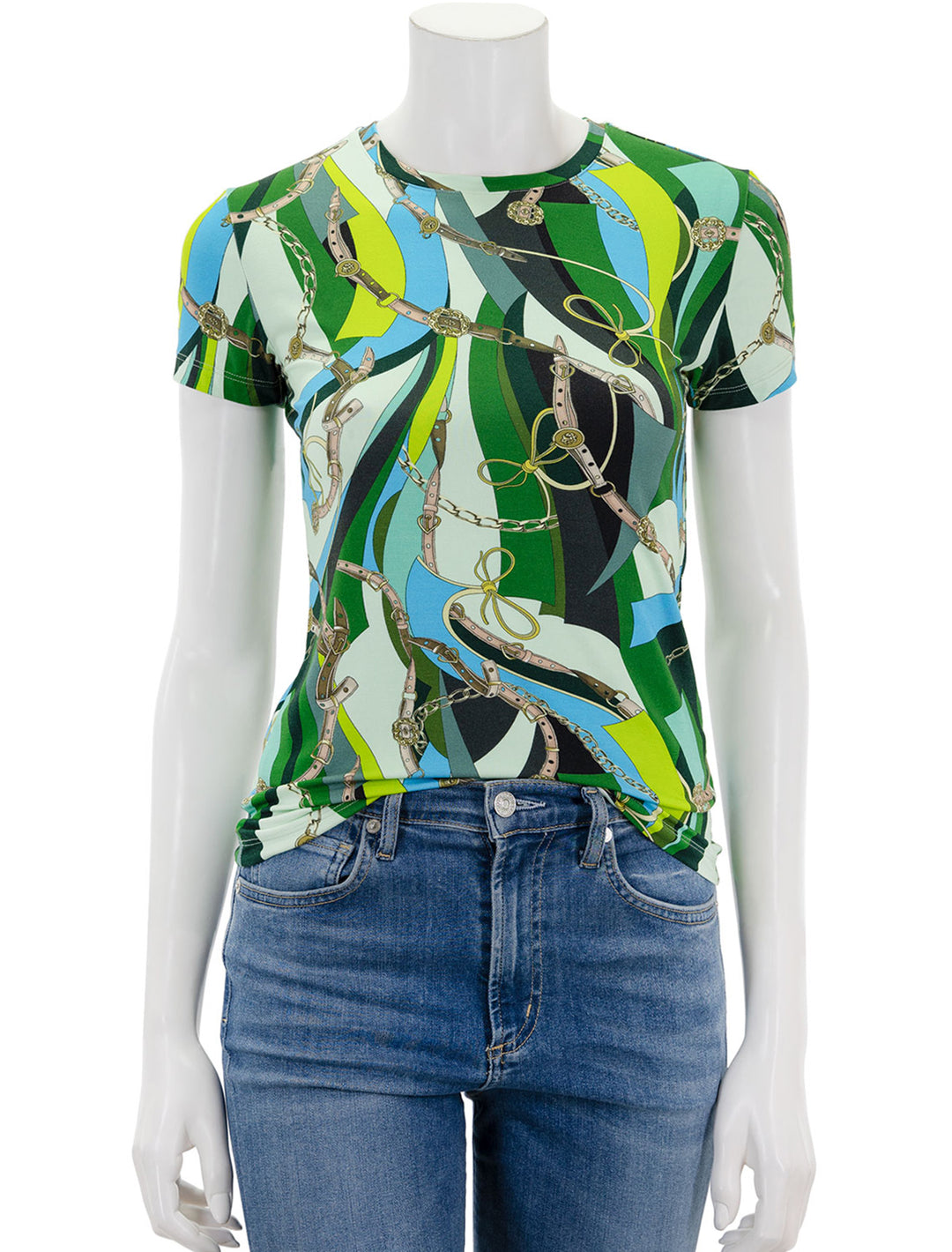 Front view of L'agence's ressi tee in sea green belt swirl.