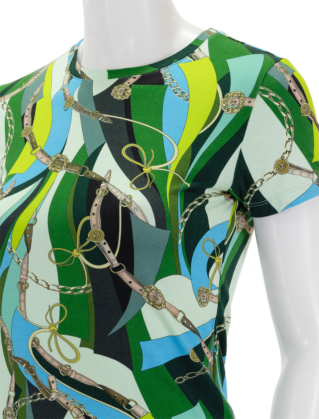 Close-up view of L'agence's ressi tee in sea green belt swirl.