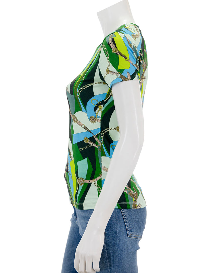 Side view of L'agence's ressi tee in sea green belt swirl.