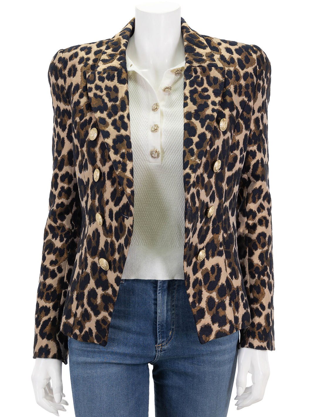 Front view of L'agence's bethany structured blazer in cashew leopard jacquard.