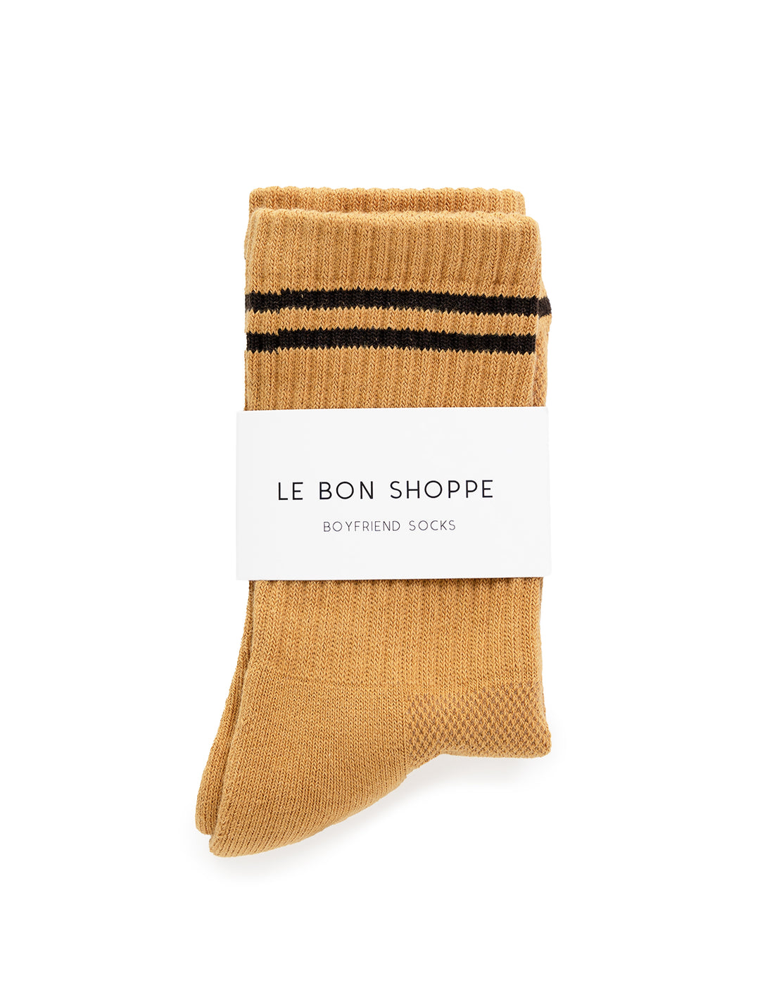 Overhead view of Le Bon Shoppe's boyfriend socks in biscotti.