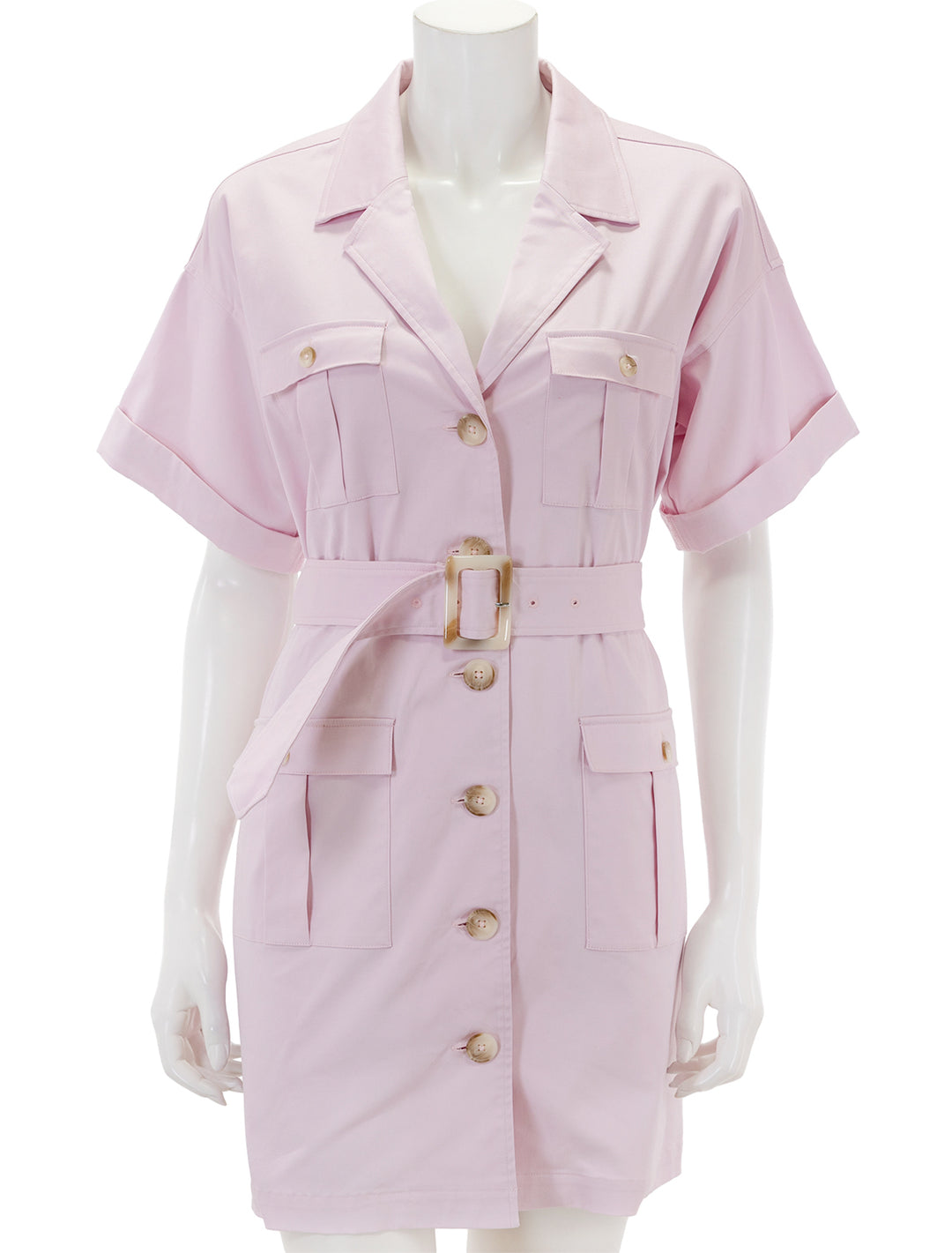 Front view of L'Agence's everest safari shirt dress in lilac snow.