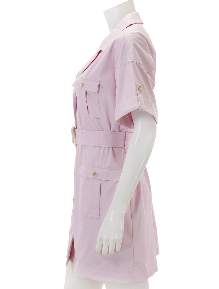 Side view of L'Agence's everest safari shirt dress in lilac snow.