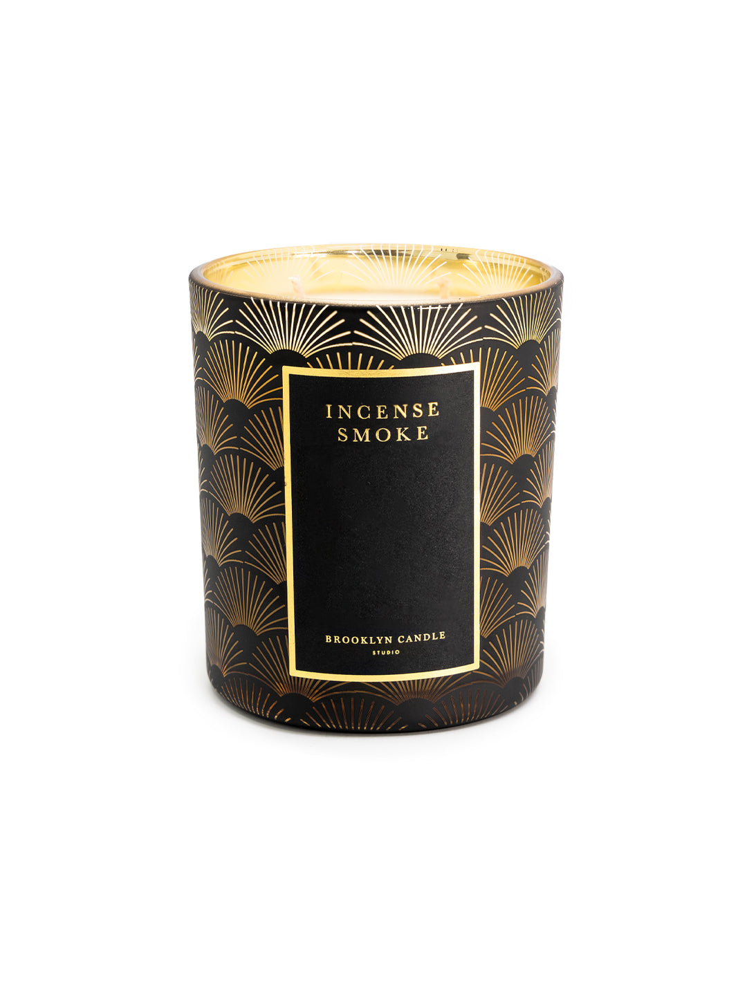 Front view of Brooklyn Candle Studio's incense smoke black tie holiday candle.