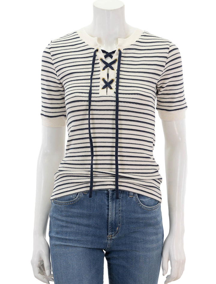 front view of reeve lace up tee in freehand stripe