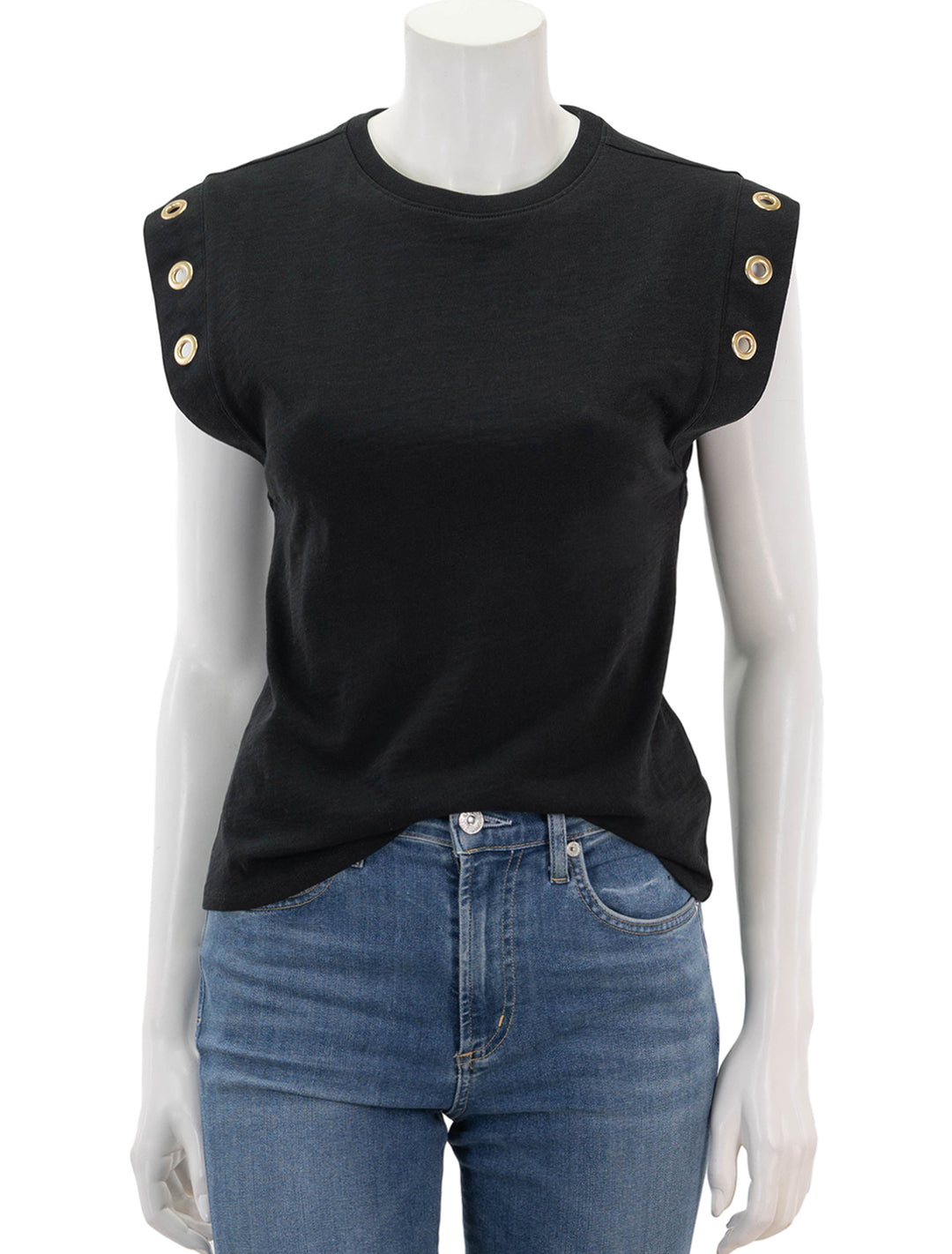 front view of oran muscle tee with grommets in black