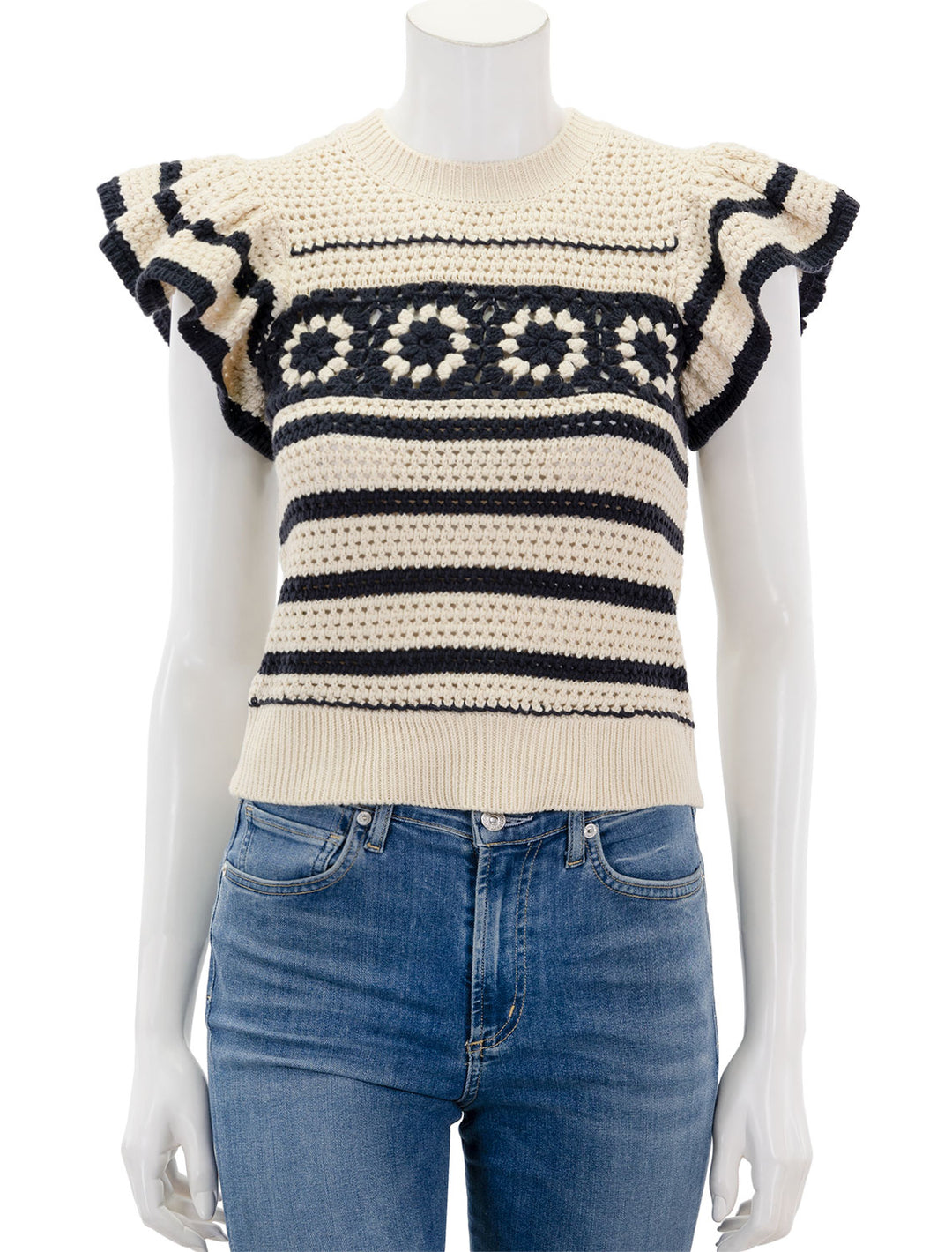 Front view of Rails' penelope sweater in oat and navy crochet.