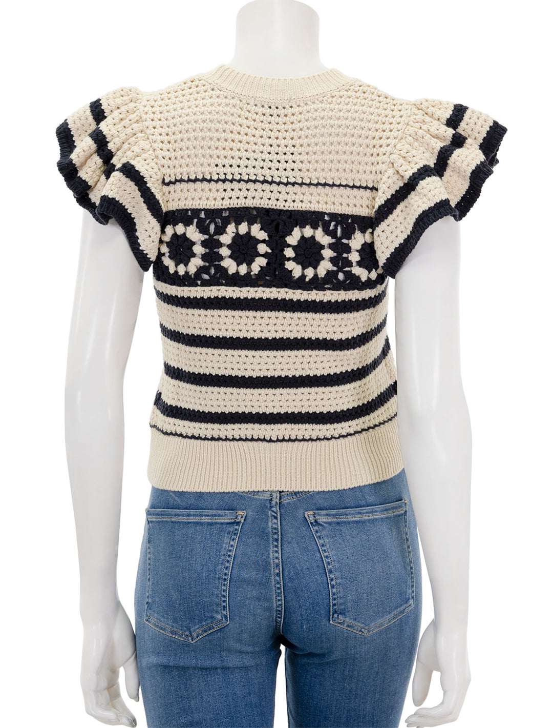 Back view of Rails' penelope sweater in oat and navy crochet.