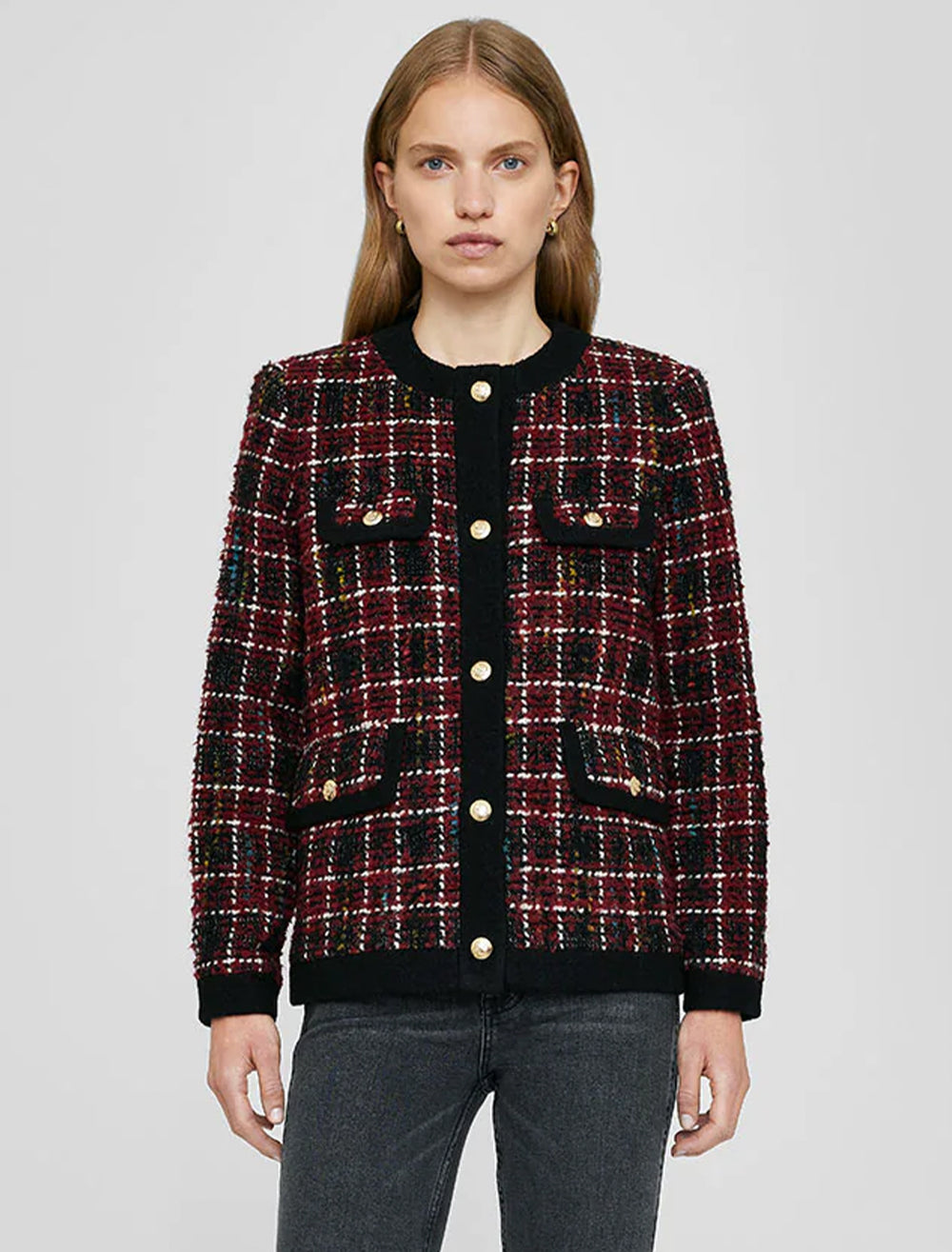 Model wearing Anine Bing's lydia jacket in cherry plaid.