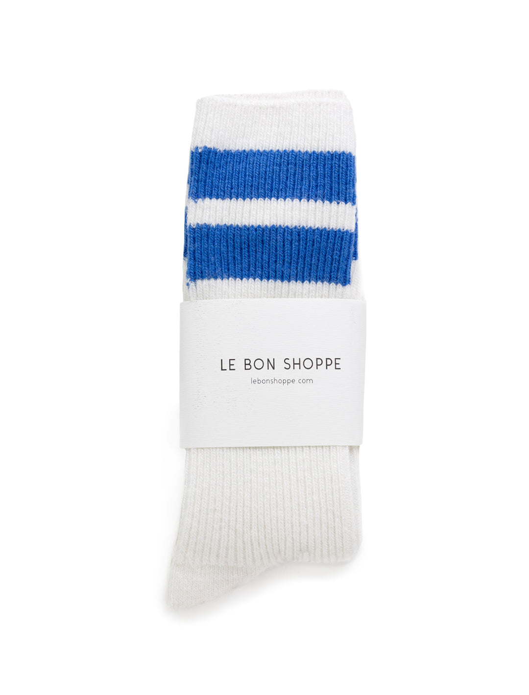 Overhead photo of Le Bon Shoppe's grandpa varisty socks in sugar blue stripe.