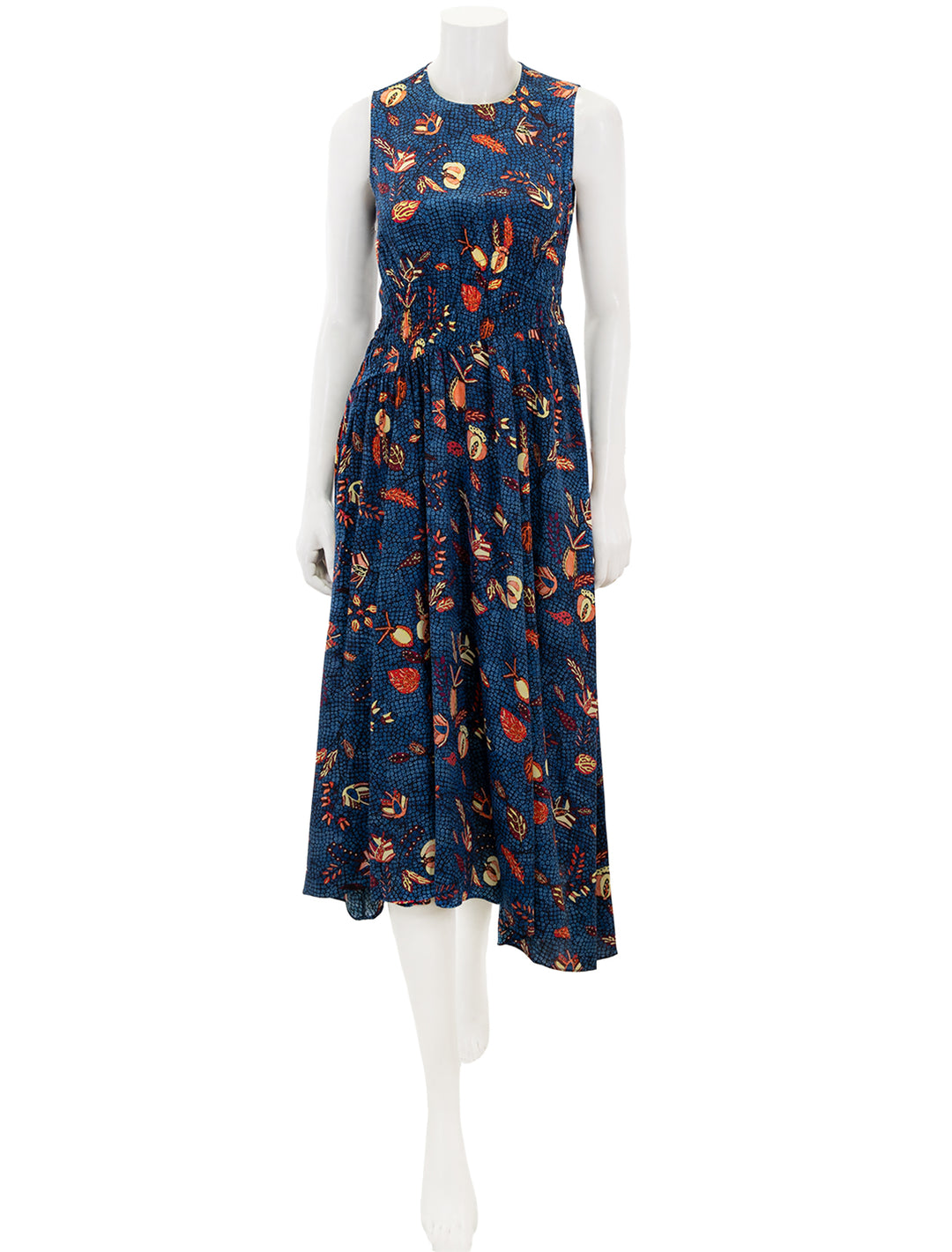 Front view of Ulla Johnson's luca dress in blue dahlia.