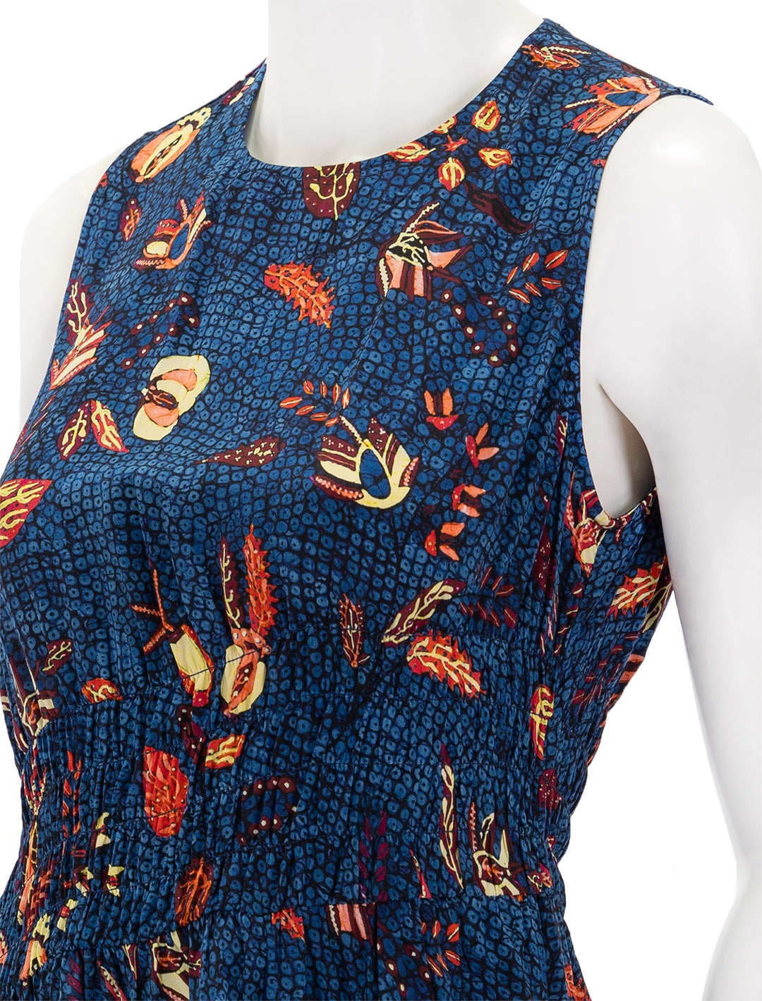 Close-up view of Ulla Johnson's luca dress in blue dahlia.
