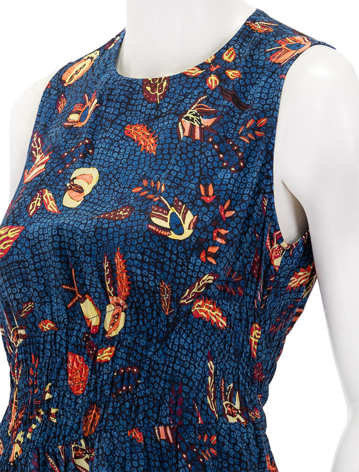 Close-up view of Ulla Johnson's luca dress in blue dahlia.