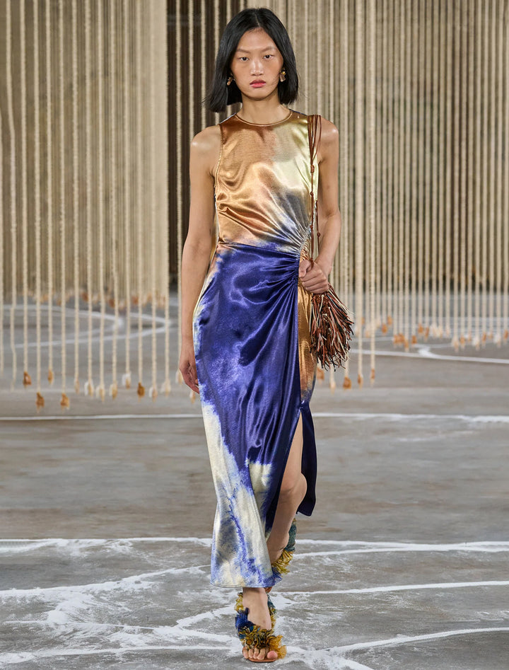 Model wearing Ulla Johnson's cordelia dress in mirage.