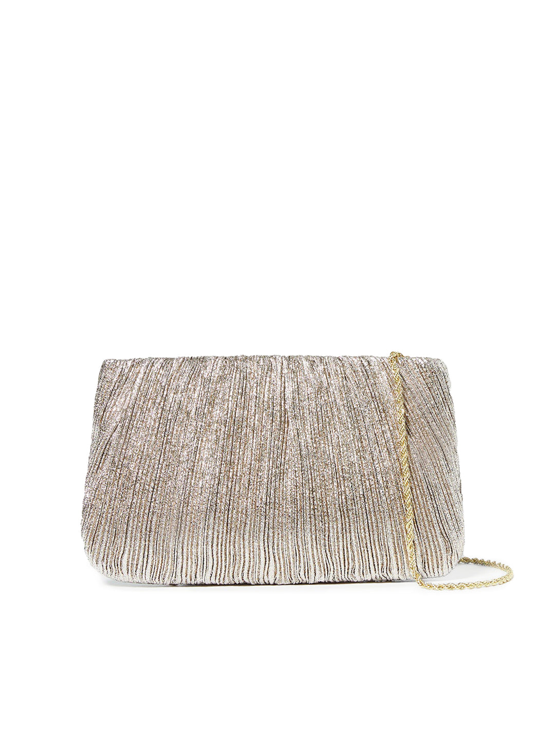 Front view of Loeffler Randall's brit flat pleated pouch in champagne.