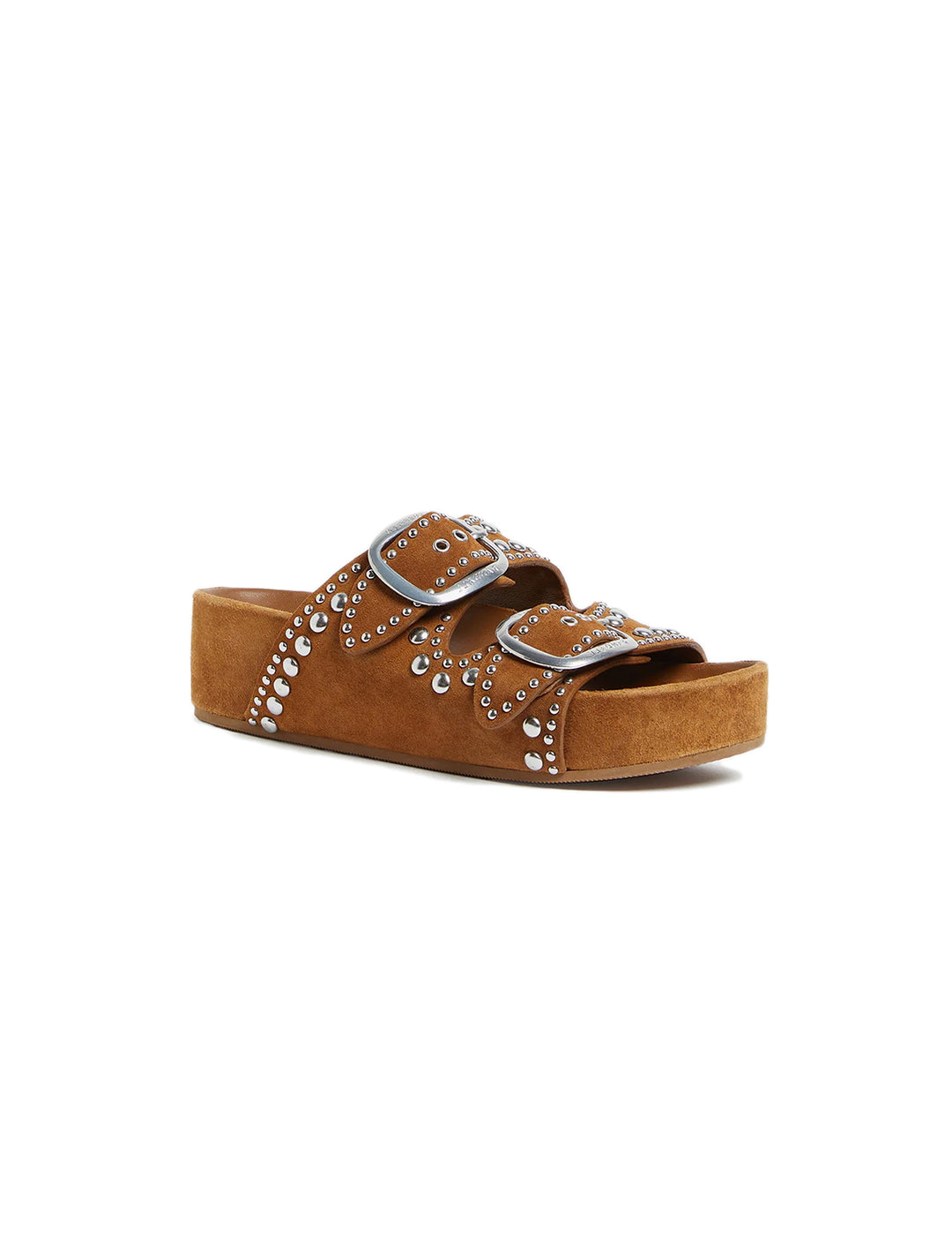 Front angle view of Loeffler Randall's jack two band sandal with studs.