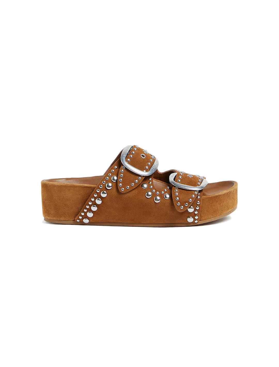 Side view of Loeffler Randall's jack two band sandal with studs.