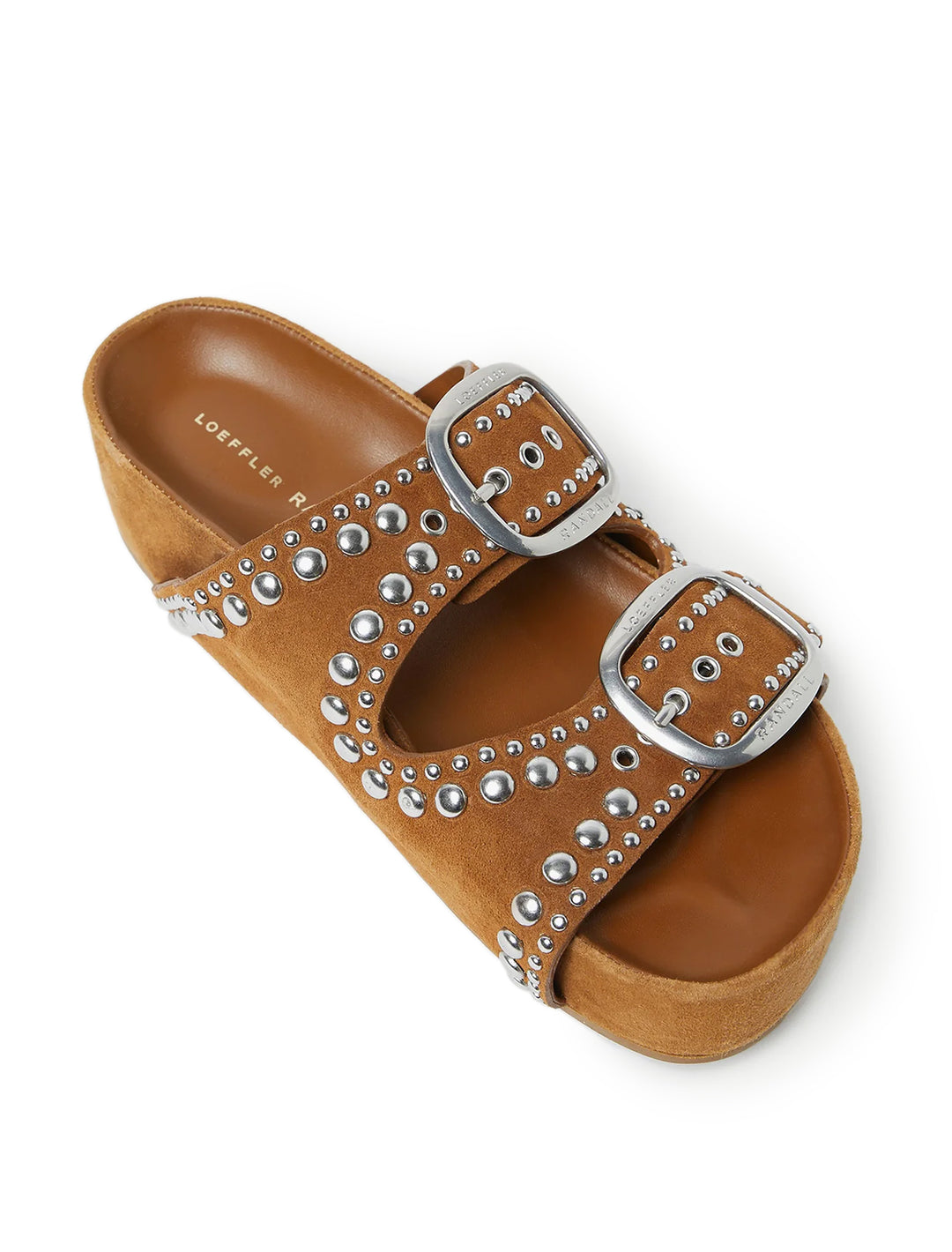 Overhead view of Loeffler Randall's jack two band sandal with studs.