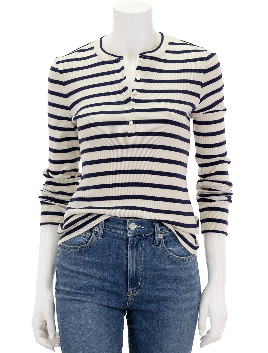Front view of Nili Lotan's jordan henley tee in ivory and navy stripe.