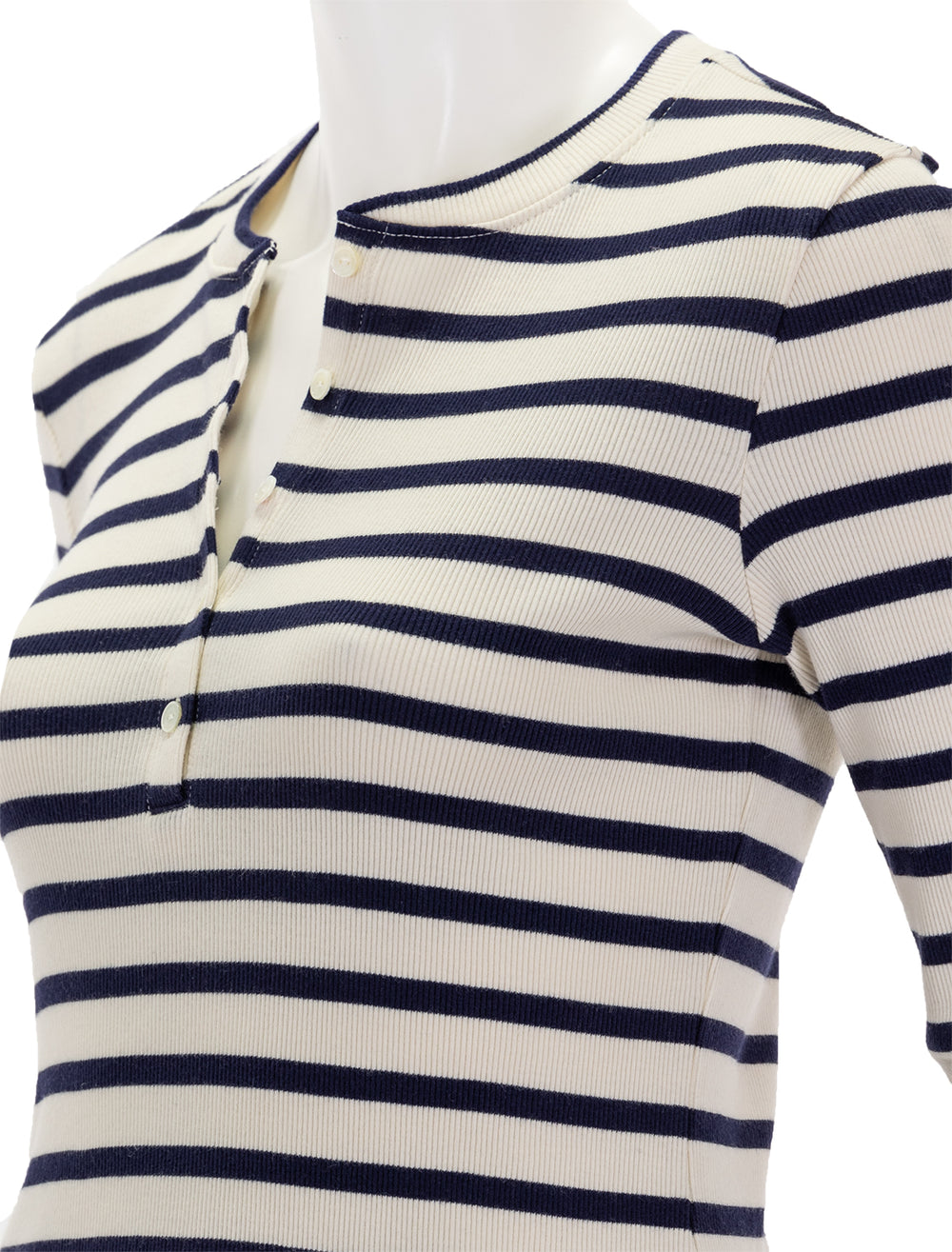 Close-up view of Nili Lotan's jordan henley tee in ivory and navy stripe.