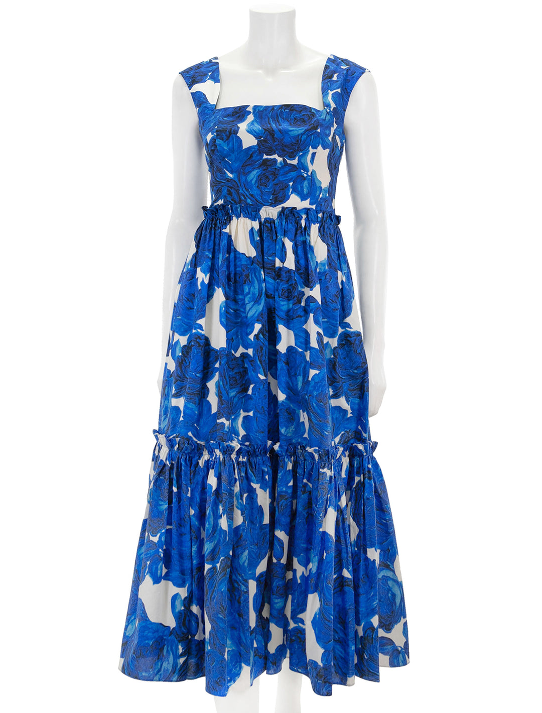 Front view of Cara Cara's claire dress in floral garden blue.