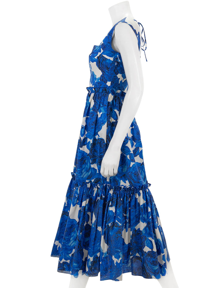 Side view of Cara Cara's claire dress in floral garden blue.