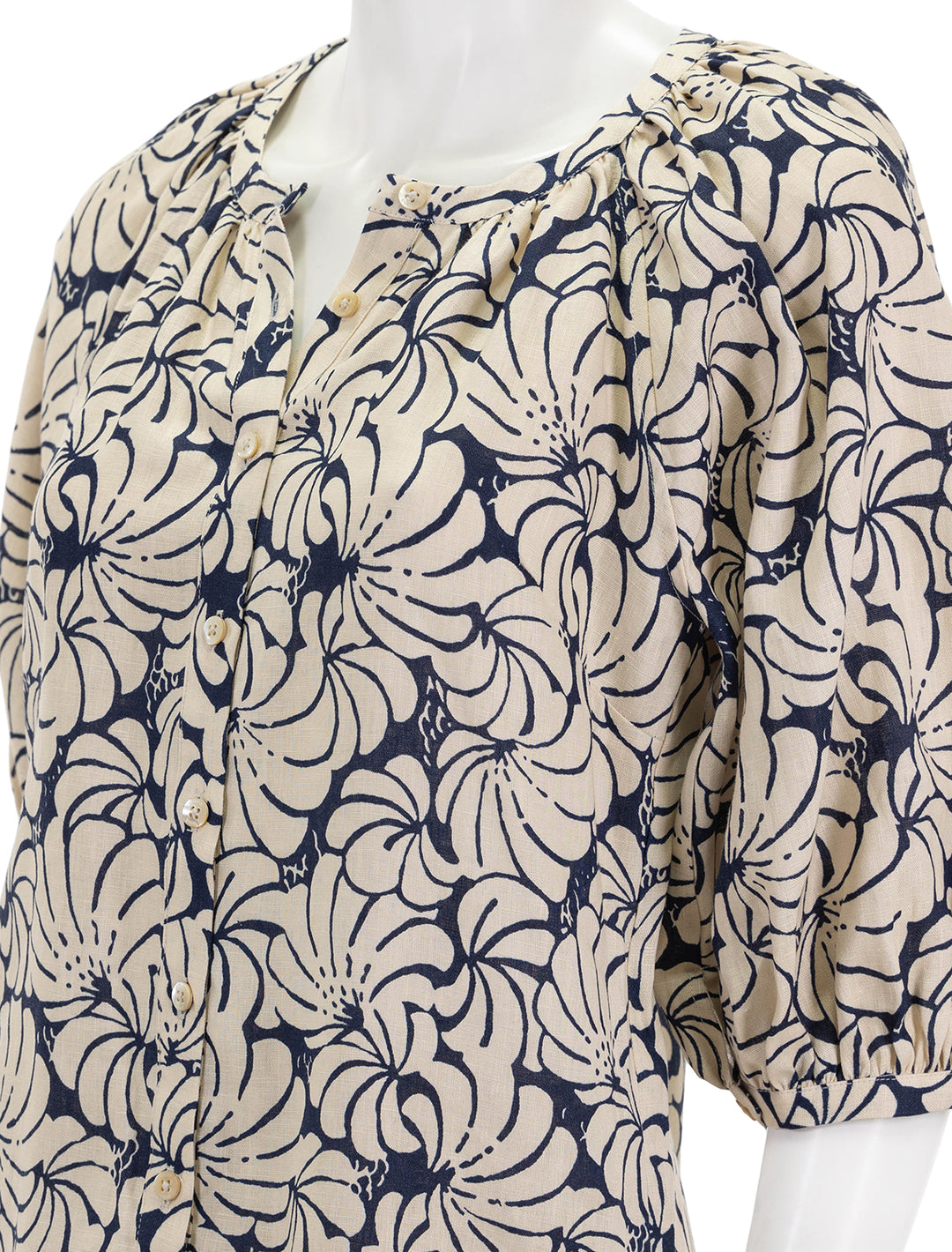 Close-up view of STAUD's mini vincent dress in navy scallop block print.