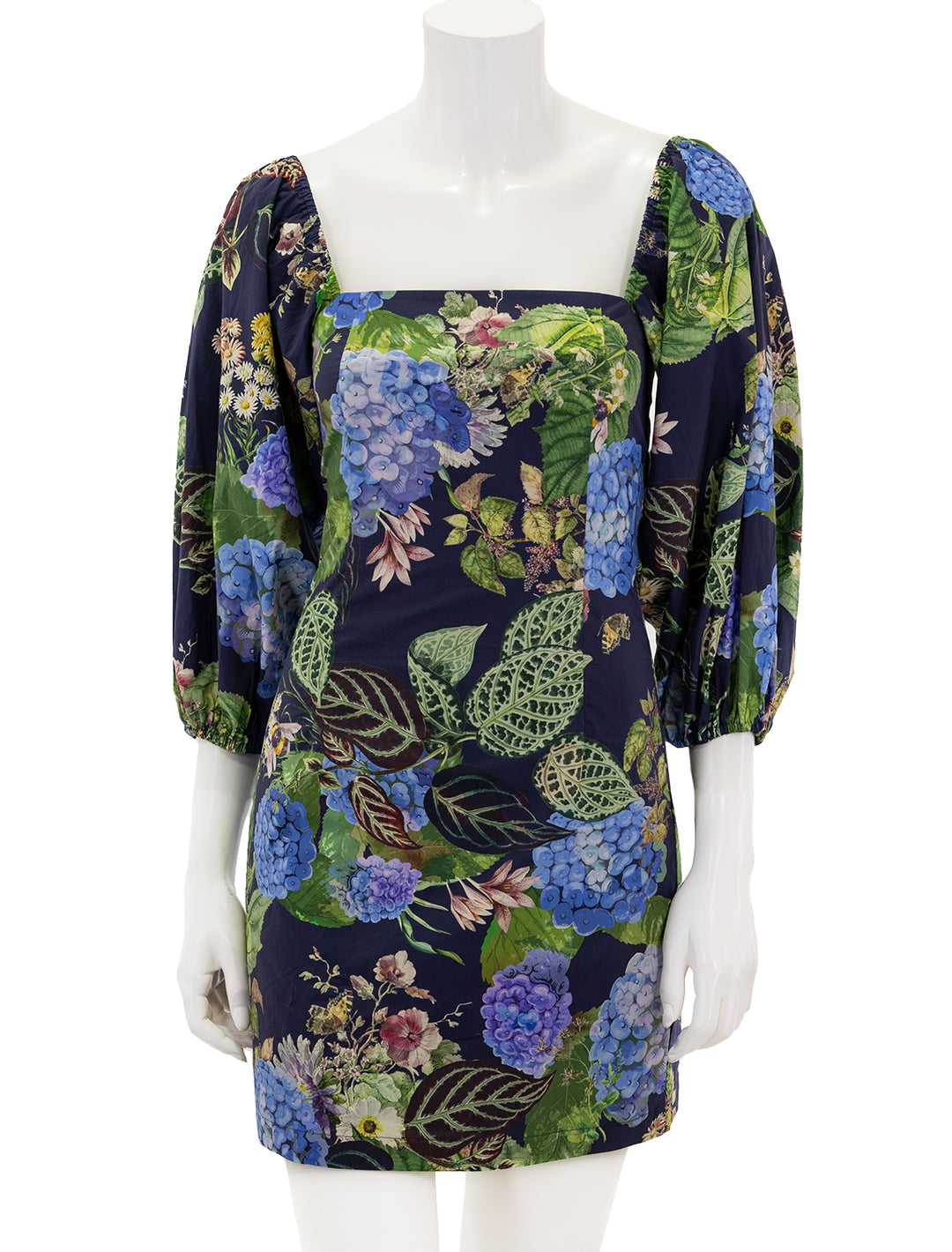 Front view of Cara Cara's montauk dress in avery floral evening blue.