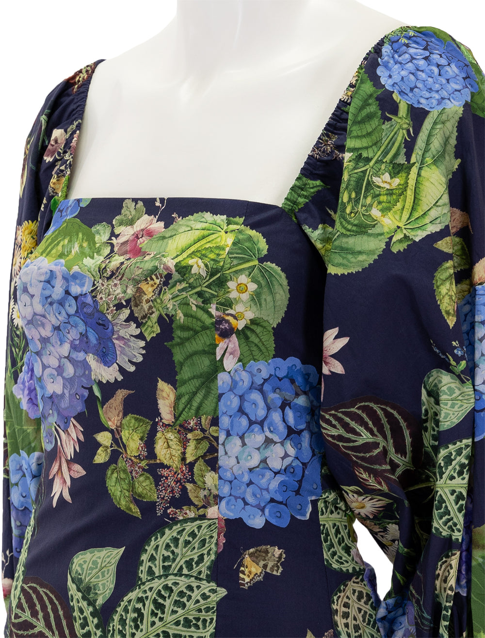 Close-up view of Cara Cara's montauk dress in avery floral evening blue.