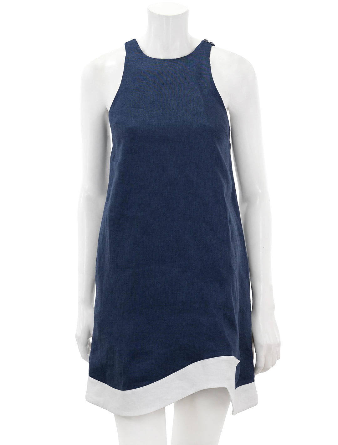 Front view of STAUD's allori dress in navy and white.