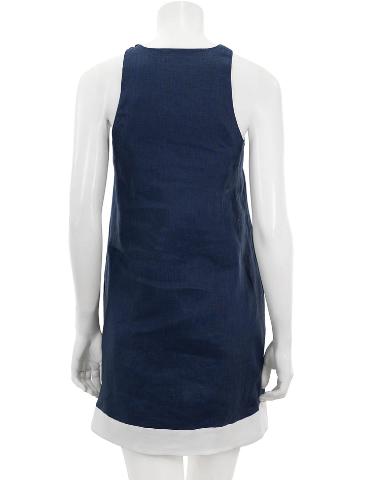 Back view of STAUD's allori dress in navy and white.
