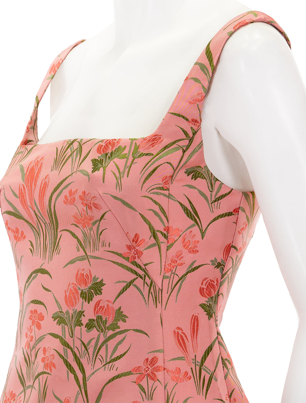 Close-up view of Cara Cara's carlie dress in pink jacquard.
