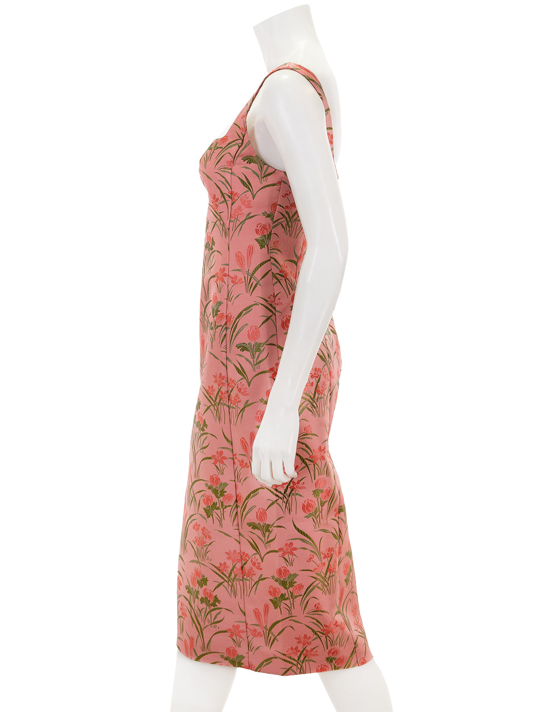 Side view of Cara Cara's carlie dress in pink jacquard.