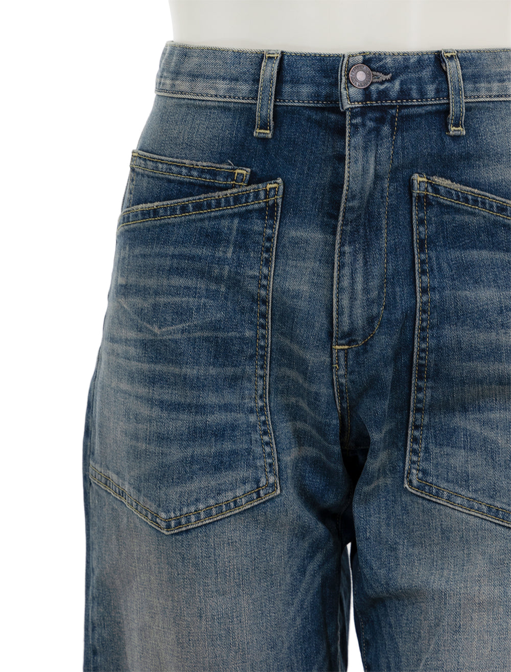 Close-up view of Nili Lotan's shon jean in classic wash.