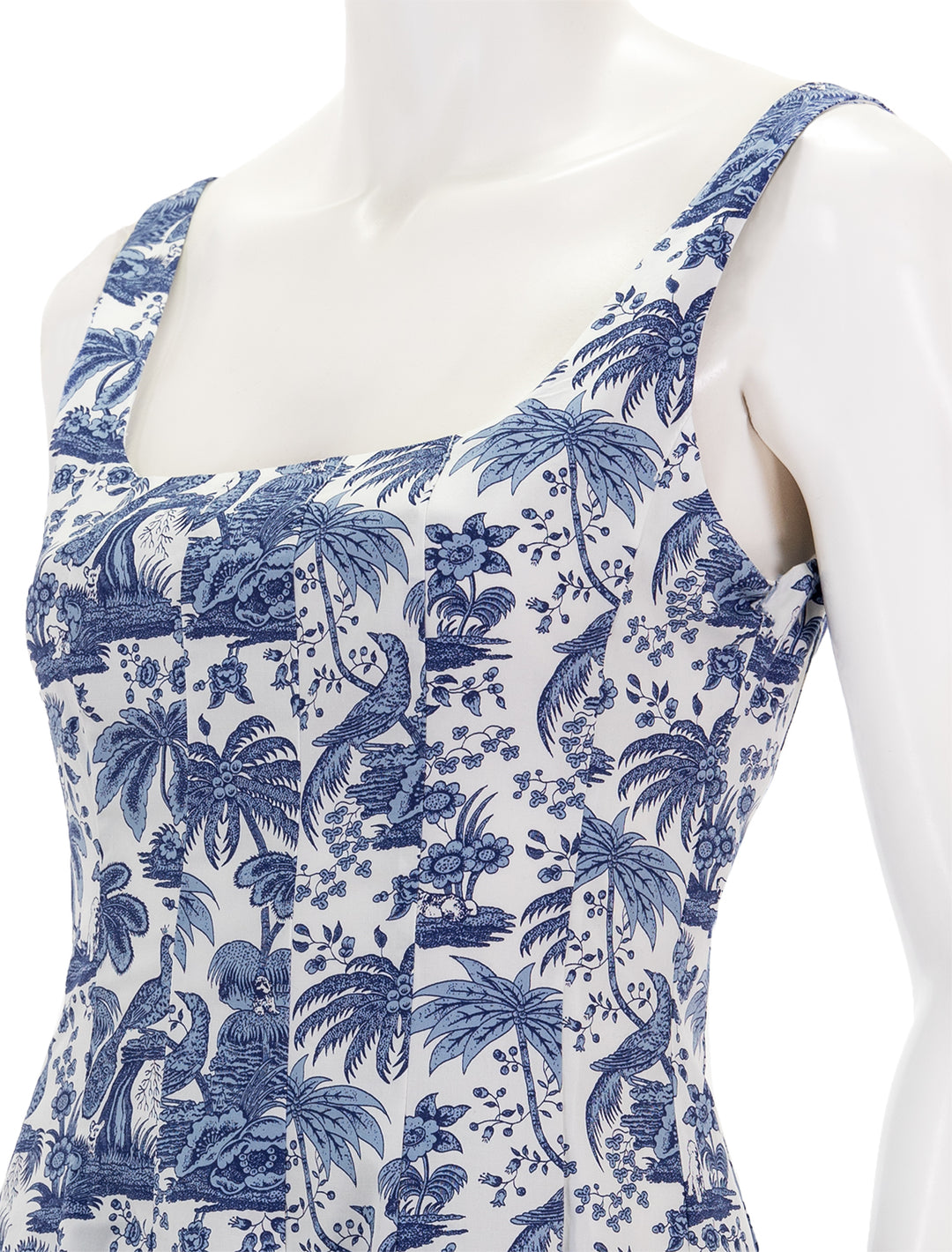 Close-up view of STAUD's wells dress in china blue toile.