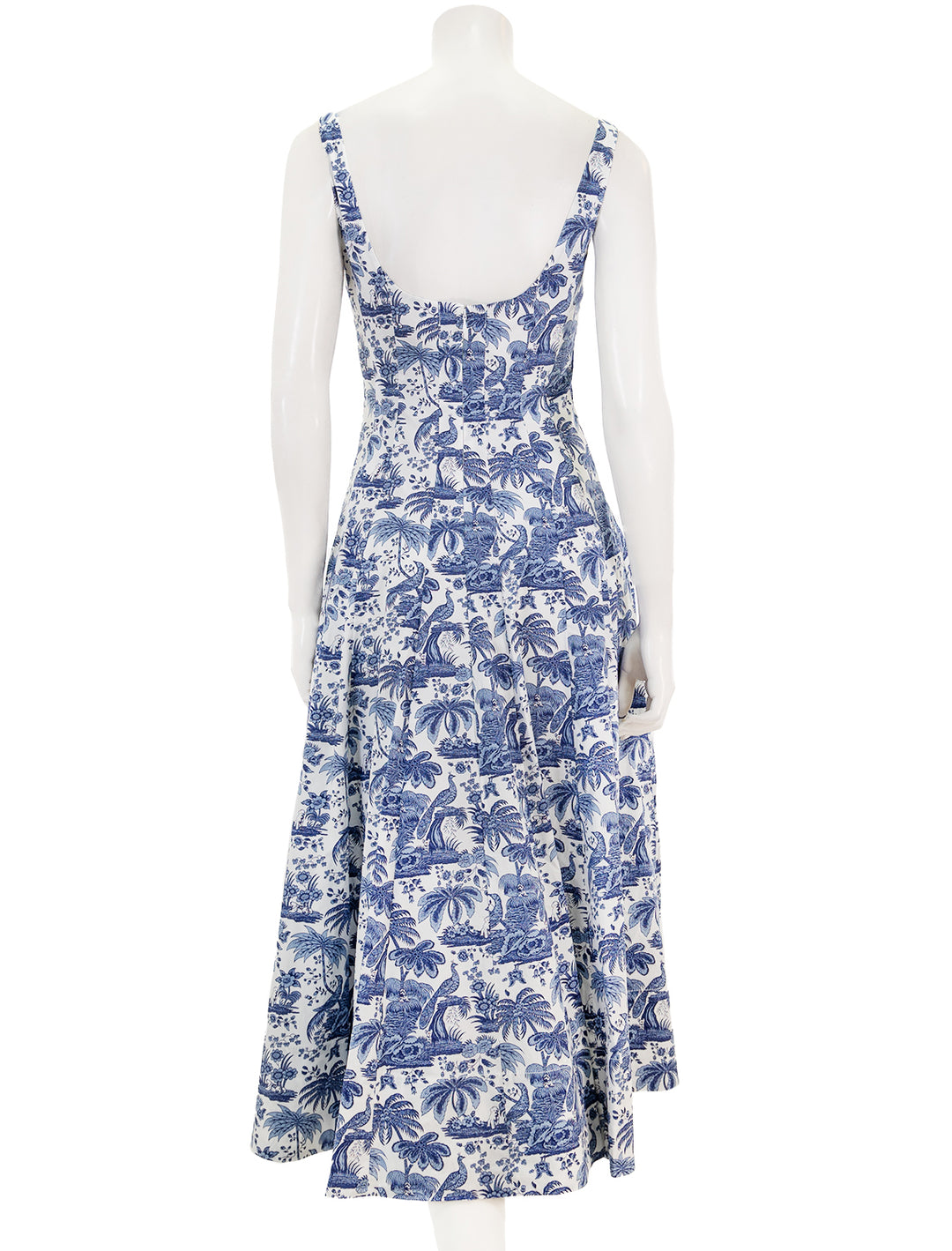 Back view of STAUD's wells dress in china blue toile.