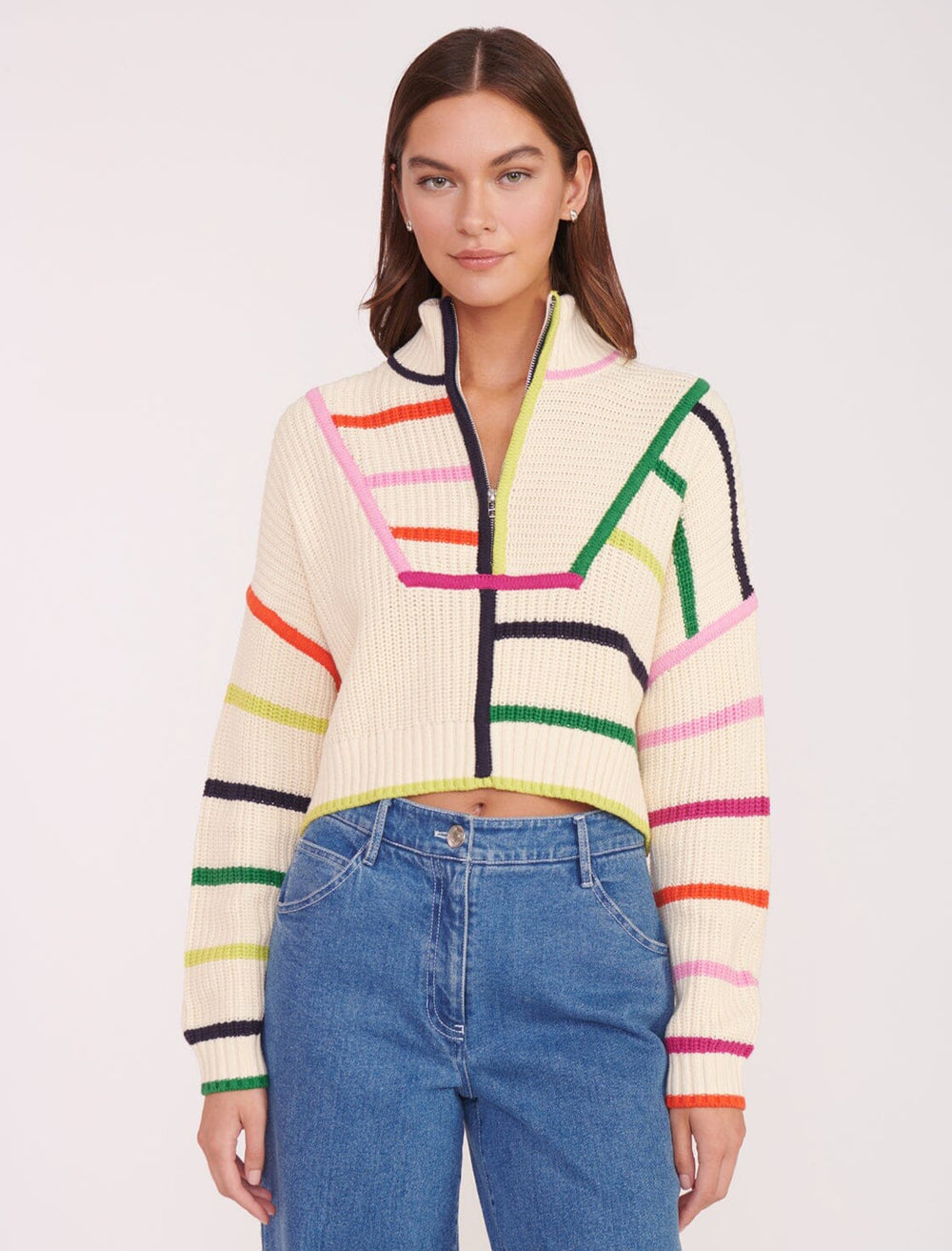 Model wearing Staud's cropped hampton sweater in cream rainbow multi.