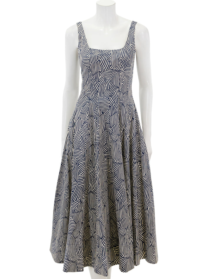Front view of STAUD's wells dress in navy mosaic.