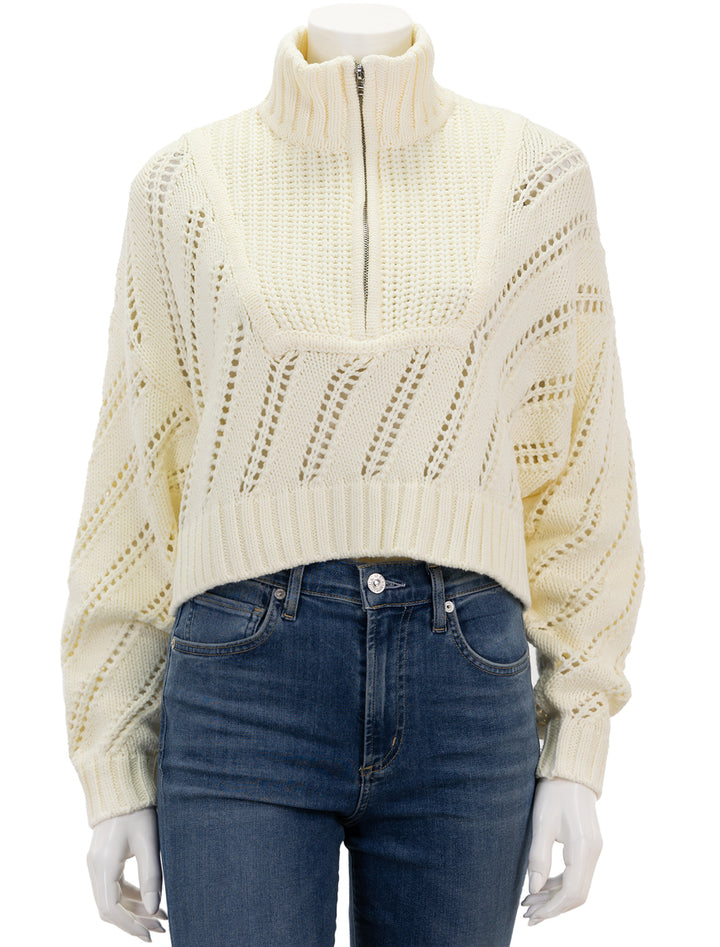 Front view of STAUD's Cropped Hampton Sweater in Ivory Pointelle.