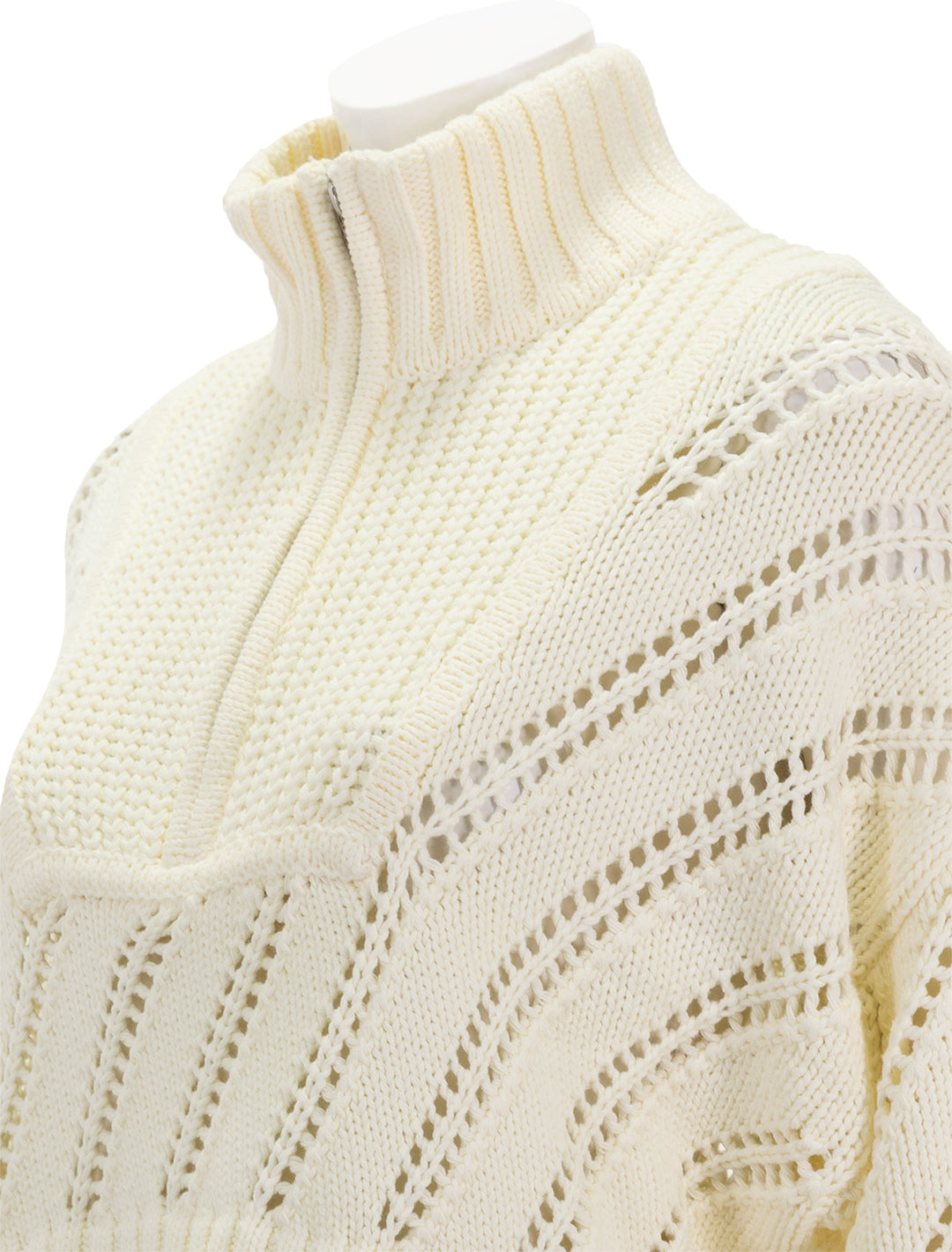 Close-up view of STAUD's Cropped Hampton Sweater in Ivory Pointelle.