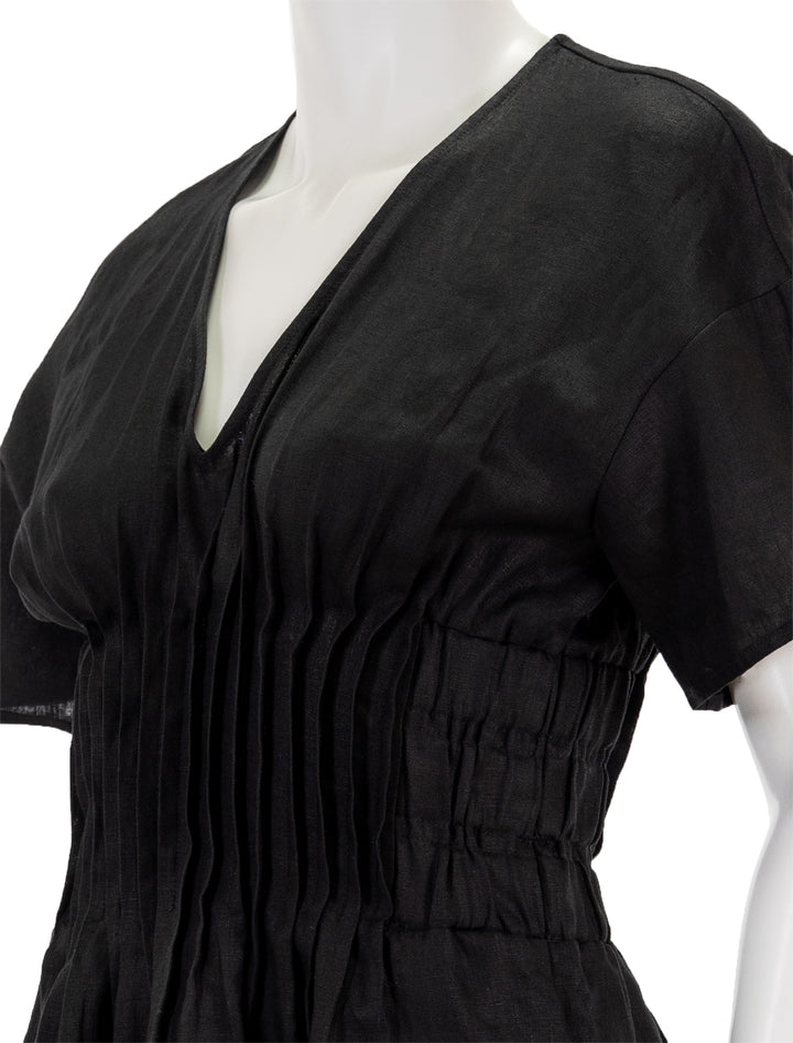 Close-up view of Staud's lauretta dress in black.