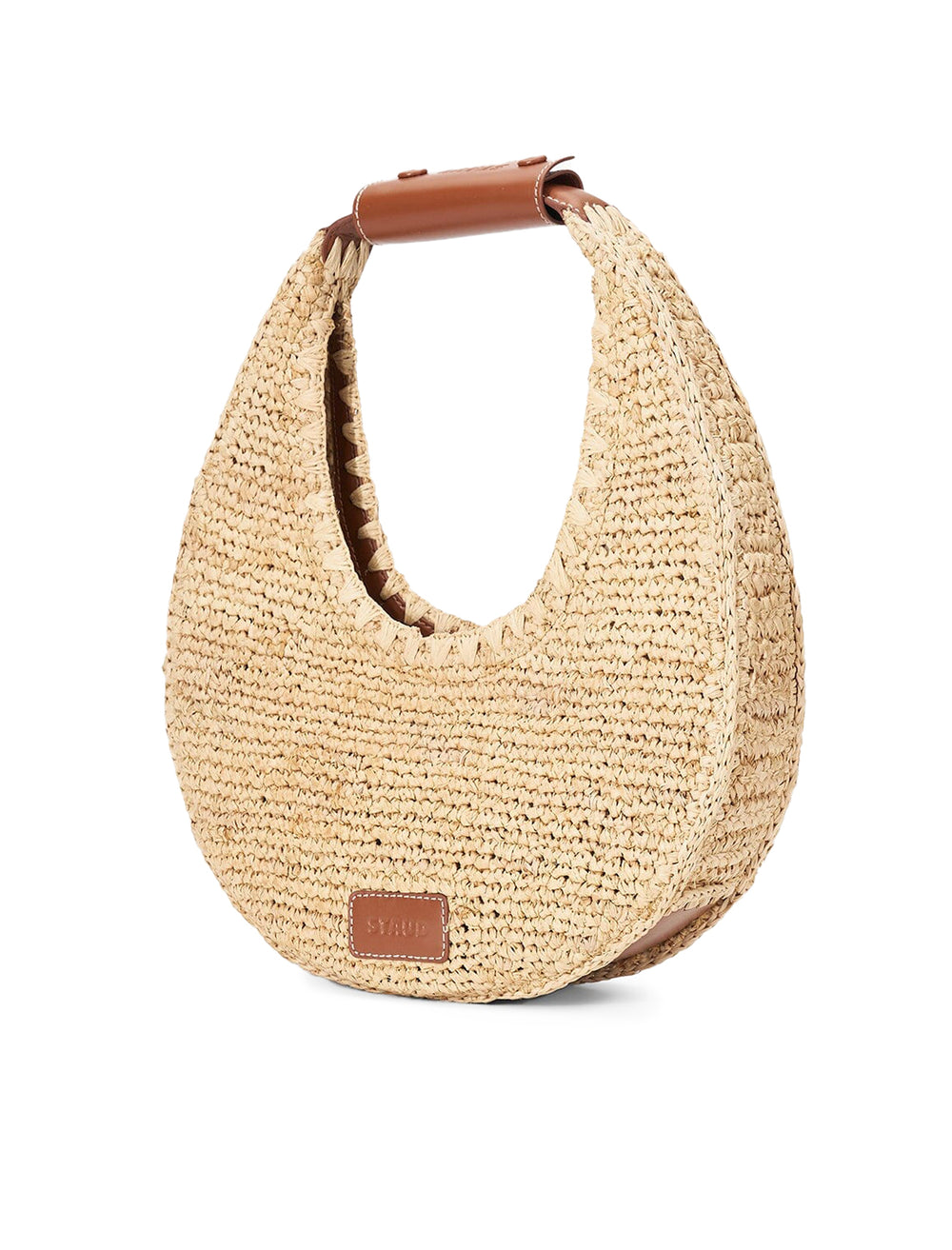 Back angle view of STAUD's moon raffia tote bag in natural.