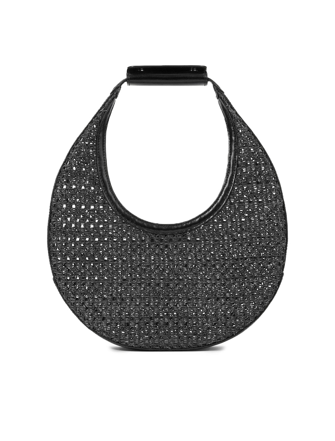 Front view of STAUD's moon woven raffia tote bag in black.