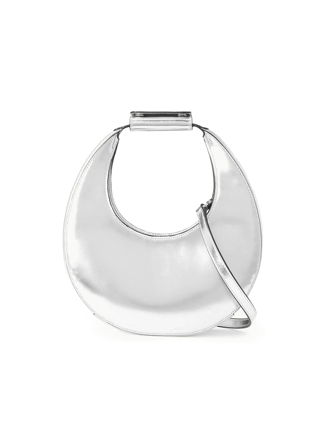 Front view of STAUD's mini moon bag in chrome.
