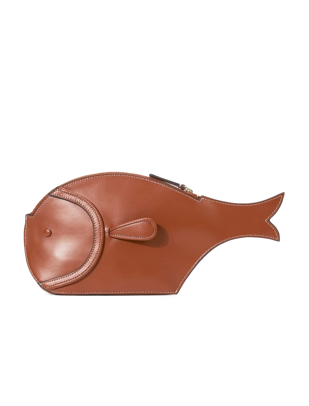 Side view of STAUD's pesce leather clutch in tan.