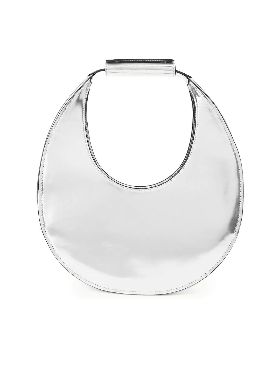Front view of STAUD's moon tote bag in chrome.